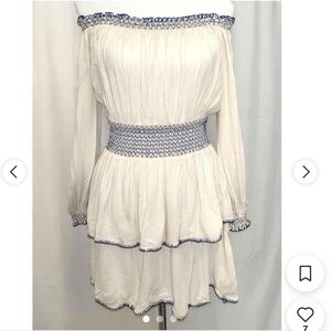 Urban Outfitters Off-Shoulder Cream Dress with Blue Accents